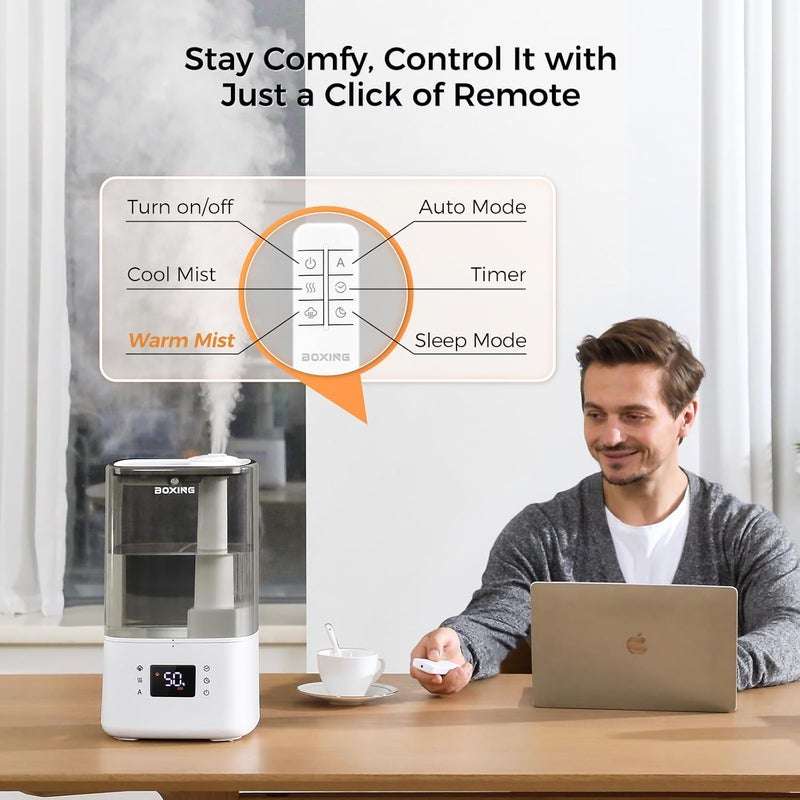 Boxing 6L Warm & Cool Mist Humidifiers for Bedroom, Air Humidfier for Large Room with Remote Control, Auto Mode Perfect for Baby & Plants, Top Fill, Sleep Mode, Timer, Essential Oil Tray, 60H - Image 5